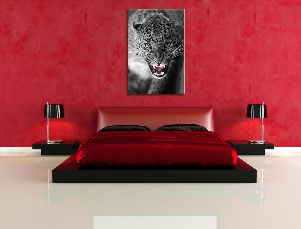 schöner fauchender Leopard schwarz/weiss Format: 100x70 auf Leinwand, XXL riesige Bilder fertig gera