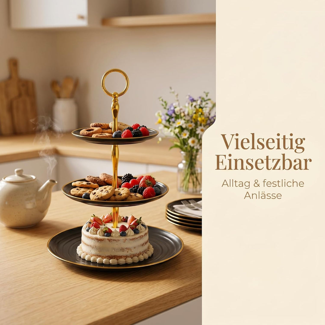 3 Stück 3-stöckiger Cupcake Ständer, Rund Etagere 3 Etagen Kuchenständer Schwarz aus Kunststoff, Des