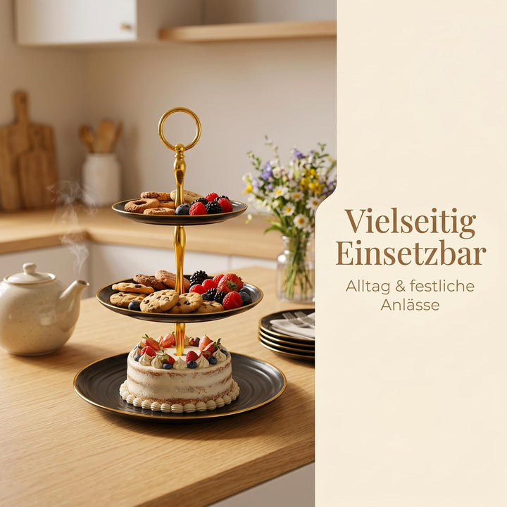 3 Stück 3-stöckiger Cupcake Ständer, Rund Etagere 3 Etagen Kuchenständer Schwarz aus Kunststoff, Des