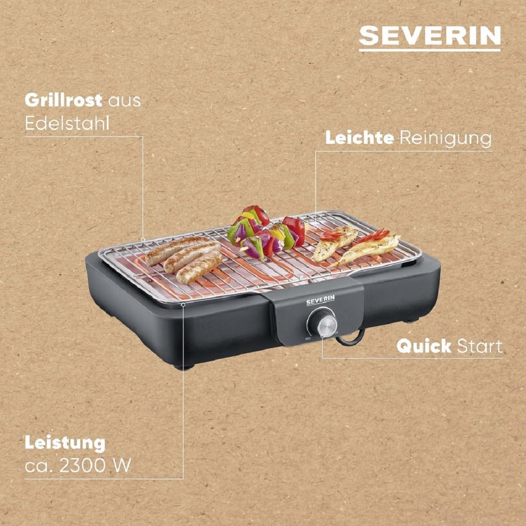 SEVERIN Tischgrill mit hochwertigem Edelstahl-Grillrost, für drinnen und draussen, 2.300 W, schnelle