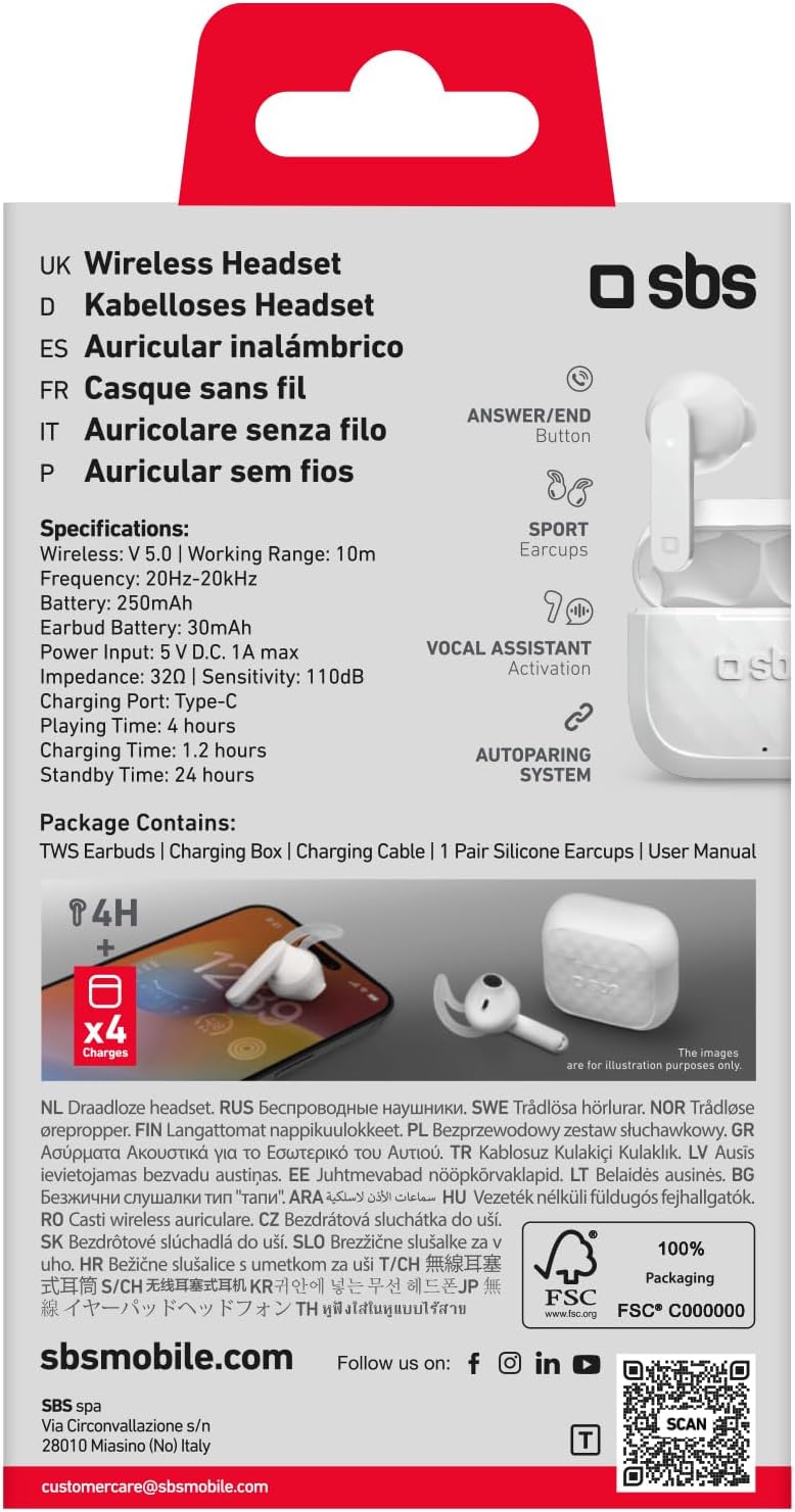SBS TWS Air Free Wireless Kopfhörer mit Multifunktions-Touch-Steuerung, Ladestation, ideal für Musik