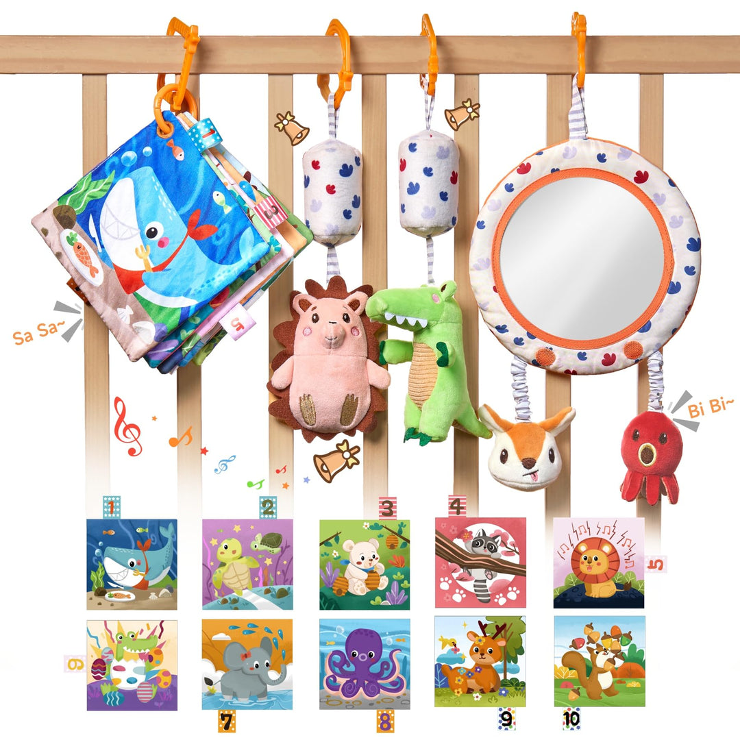 TUMAMA KIDS Baby Spielzeug mit Rassel, Spiegel, Knistertuch Buch, Sensorik Spielzeug für Kinderwagen