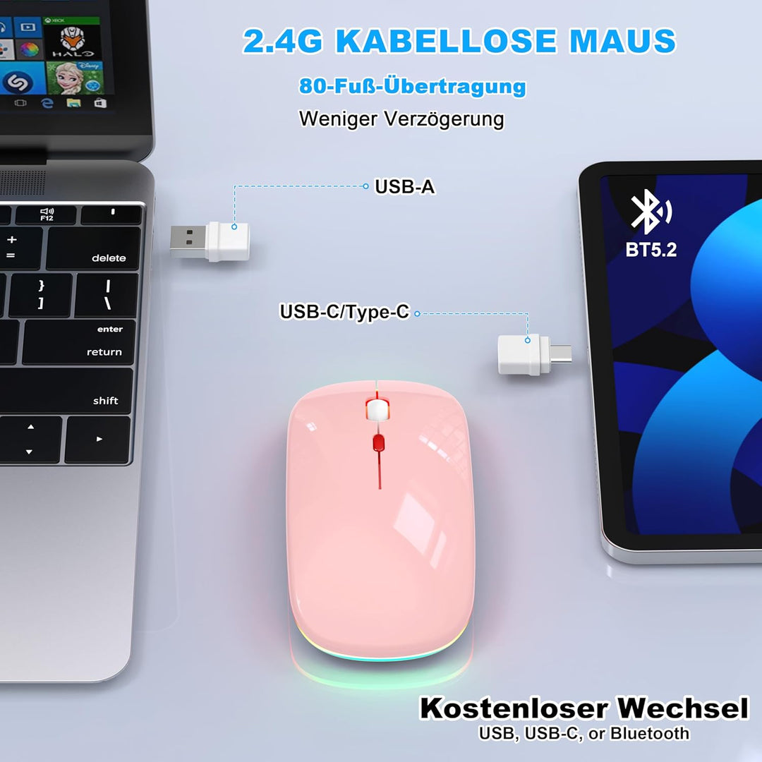 LED Bluetooth Maus Kabellose, Wiederaufladbare Maus für iPad MacBook PC Laptop Computer, Tragbare Sc