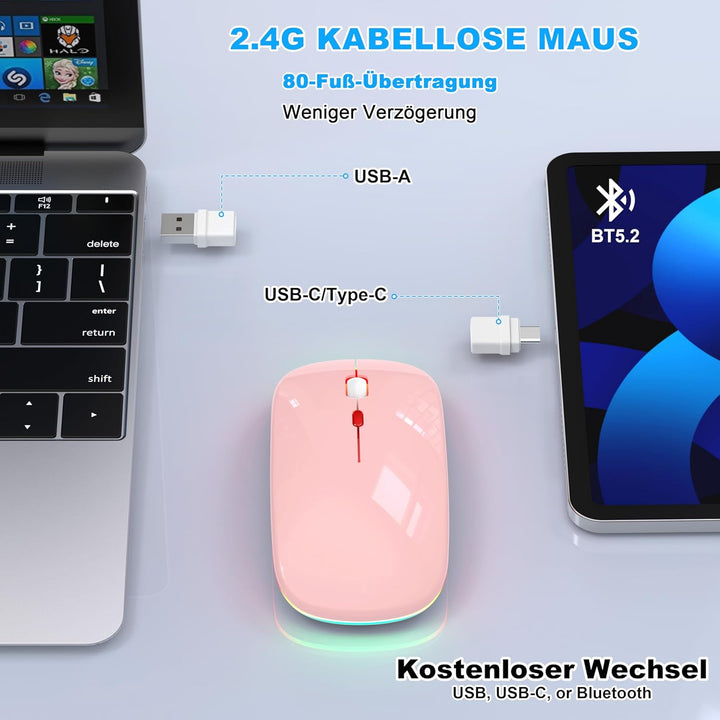 LED Bluetooth Maus Kabellose, Wiederaufladbare Maus für iPad MacBook PC Laptop Computer, Tragbare Sc