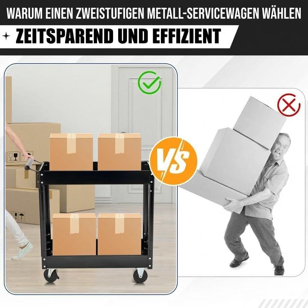 Werkzeugwagen Rollbar 2 Ebenen, Bis 150 kg Belastbar, Metall Werkstattwagen Mit Rollen, Schwerlast S