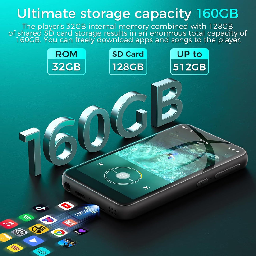 160GB MP3 Player mit Bluetooth und WiFi, ZAQE Android 13 MP4 Player mit Spotify, Pandora, Audible, Y