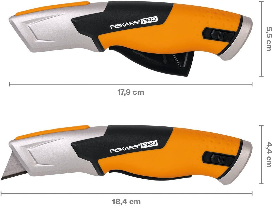 Fiskars Pro Sicherheits-Universalmesser mit einziehbarer Klinge, Länge 17,7 cm, Rostfreier Stahl/Kun