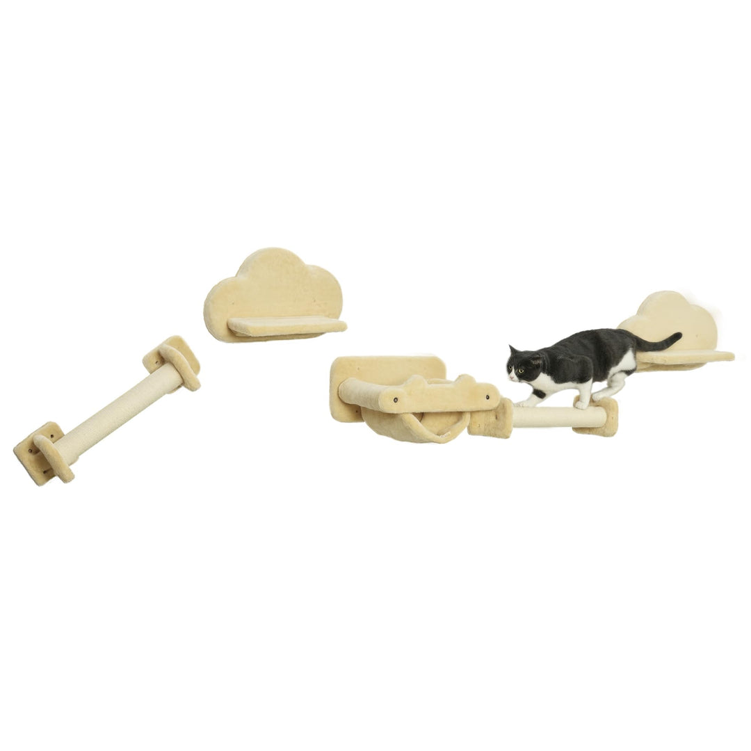 PawHut Kletterwand Katzen, 5-teilig Katzenkletterwand Set, Katzen Wandelemente mit 2 Kratzstämmen, 2