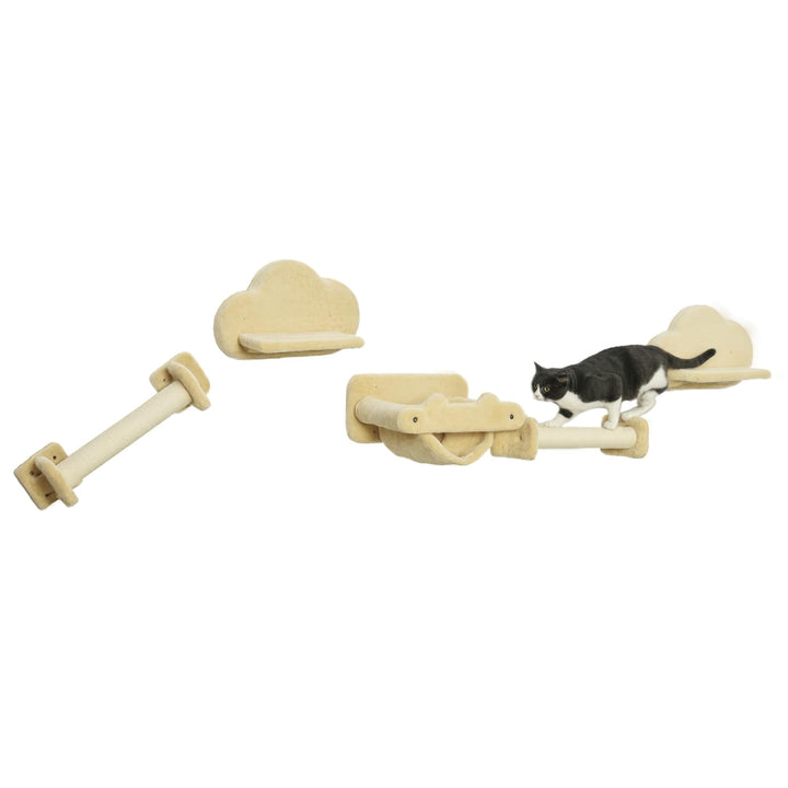 PawHut Kletterwand Katzen, 5-teilig Katzenkletterwand Set, Katzen Wandelemente mit 2 Kratzstämmen, 2