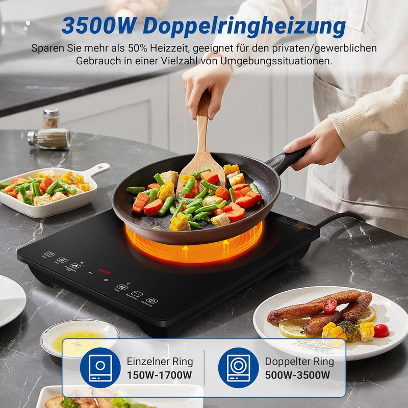 AMZCHEF Einzel Induktionskochplatte, 3500W Induktionskochfeld 1 Platte mit Doppelter Ring, 9 Leistun