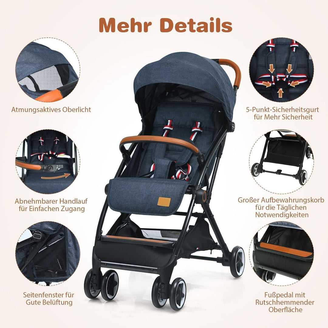 FANTASK Kinderbuggy faltbar, 5-Punkt-Sicherheitsgurt mit Liegefunktion, Reisebuggy mit Verdeck & ver