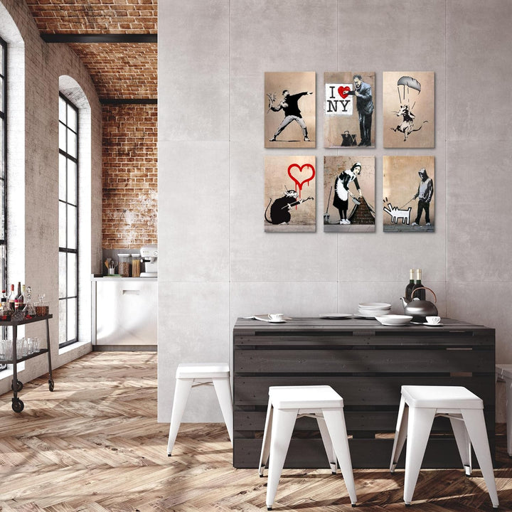 Novart Wandbilder Set Banksy Collage - KOMPLETT AUFHÄNGFERTIG - Made in Germany - Moderne Bilder Woh