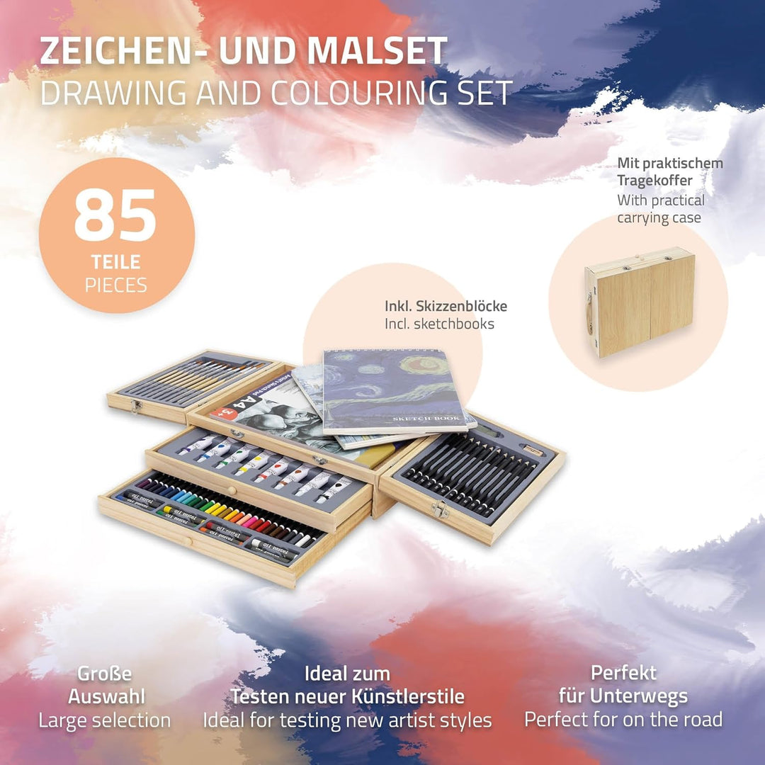 ECD Germany Malset Koffer 85-teilig, Künstlerset Maler, inkl. 3 Zeichenblock, Acrylpad & Zubehör, Ma