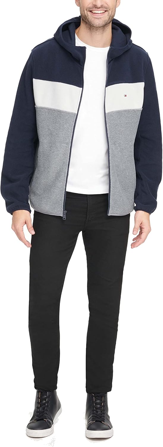 Tommy Hilfiger Herren Performance Fleecejacke mit Kapuze Fleecejacke 3XL Marineblau/Weiss/Hellgrau,