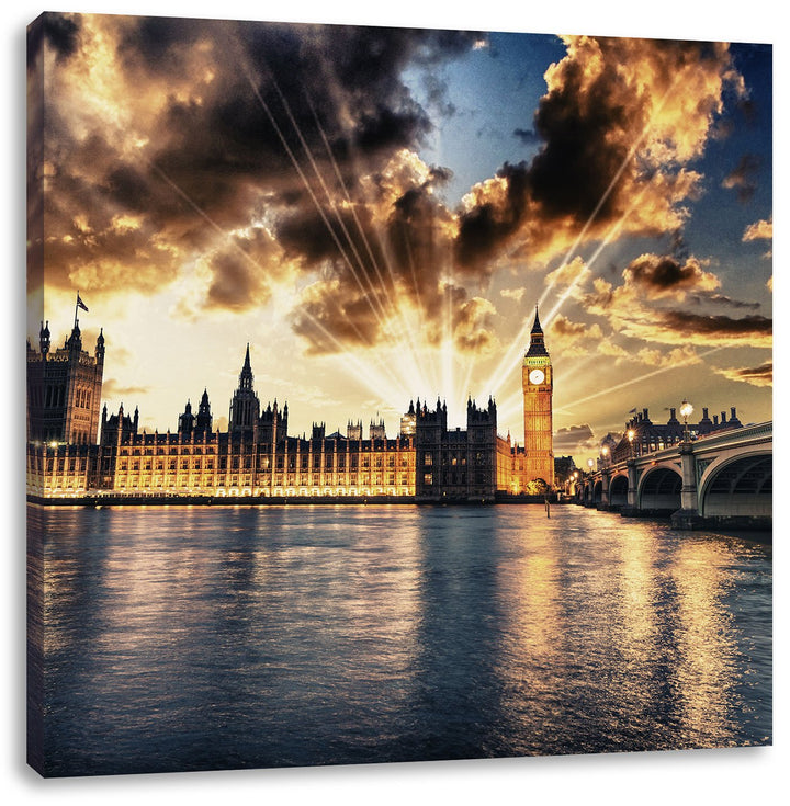 Big Ben am Abend, Format: 70x70 auf Leinwand, XXL riesige Bilder fertig gerahmt mit Keilrahmen, Kuns