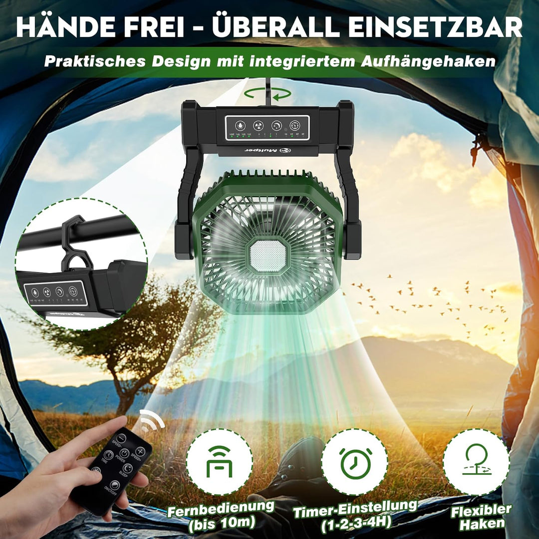 Multper Campingventilator mit LED-Licht, 20000 mAh Wiederaufladbarer Outdoor Zeltventilator mit Hake