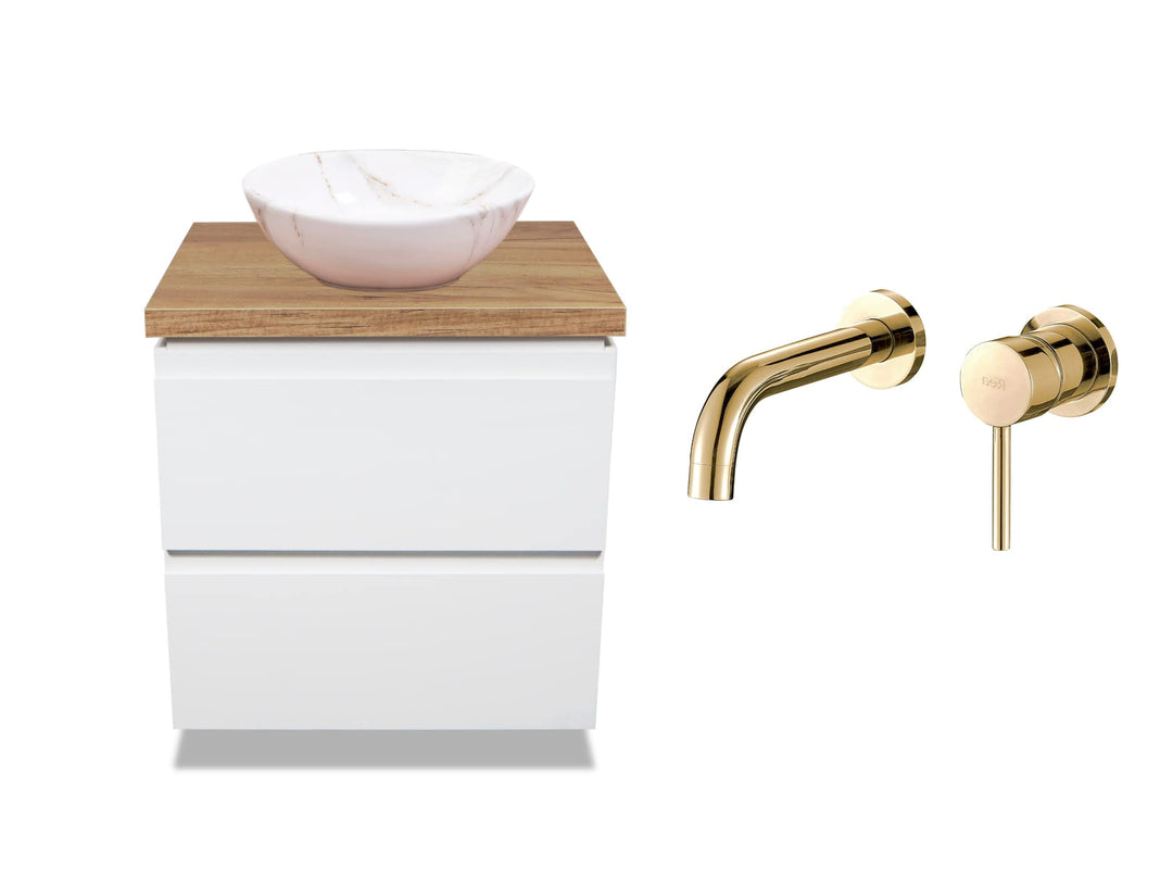 VBChome Badmöbel 60 cm Weiss Aufsatzwaschbecken Sofia Mini Aiax 35x26 cm Unterputzarmaturen Gold Auf