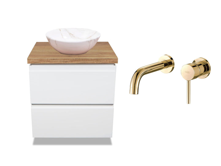 VBChome Badmöbel 60 cm Weiss Aufsatzwaschbecken Sofia Mini Aiax 35x26 cm Unterputzarmaturen Gold Auf