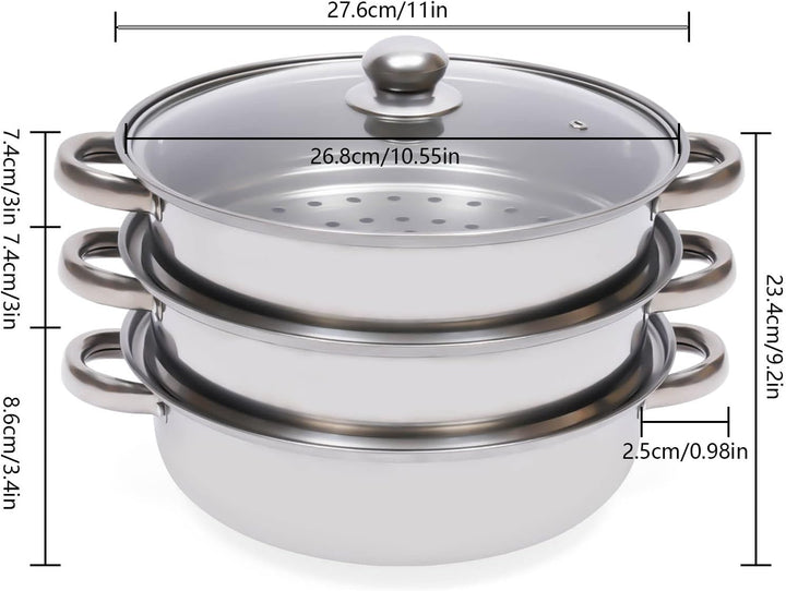 Dampfgarer 3-teilig 25cm Edelstahl, 2 Dampfeinsätze für Induktion | 25cm, 3-teilig, Edelstahl, 2 Dam