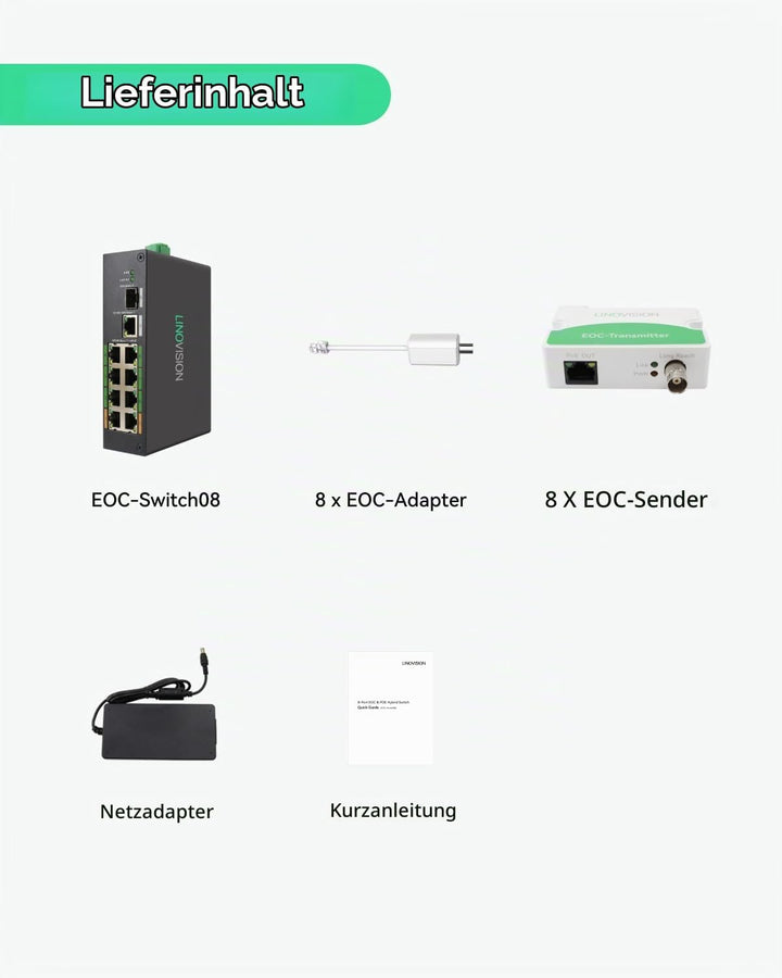 LINOVISION Industrial 8-Port EOC &amp; POE Switch mit 8 EOC-Sendern, PoE mit grosser Reichweite über Koa