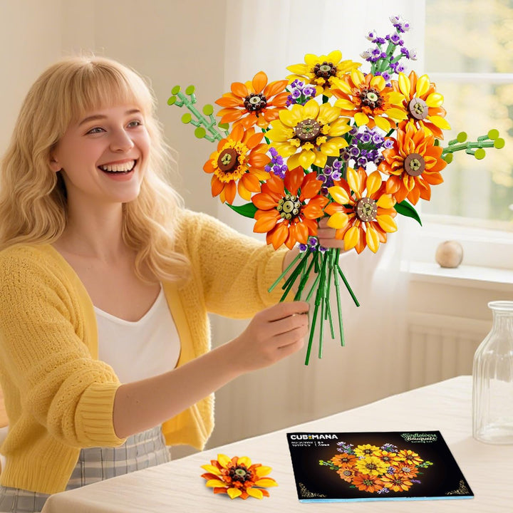 CUBIMANA Blumen-Sonnenblumenstrauss-Bausatz mit Lichtern – 17 Blumen botanische Sammlung künstliche
