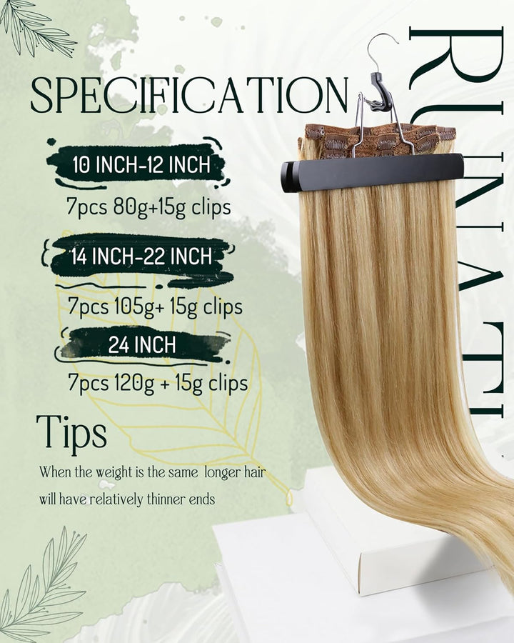 RUNATURE Clip Extensions Echthaar Goldblond mit Hellblond Clip in Echthaar Extensions Remy Haar Clip