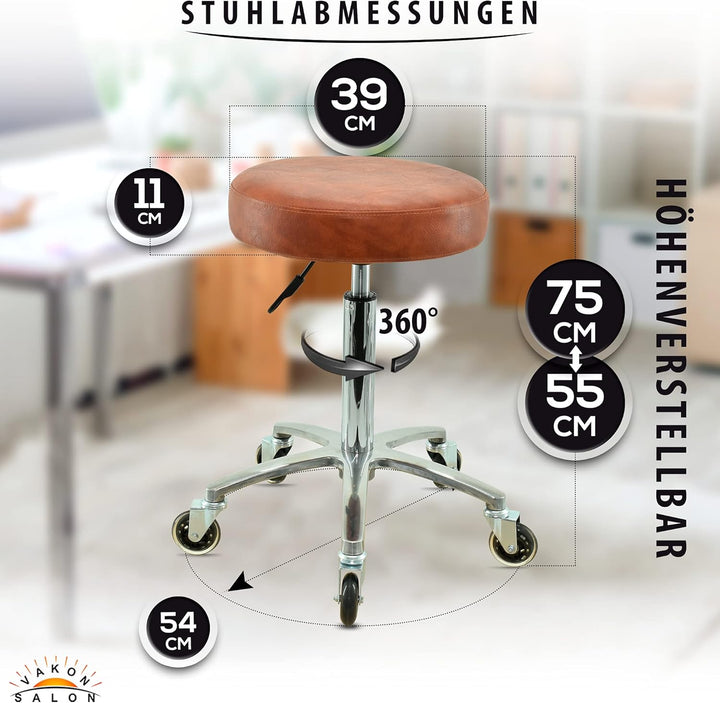 Premium Rollhocker Hellbraun höhenverstellbar von 55 bis 75 cm - Rundsitz- Drehhocker Arbeitshocker