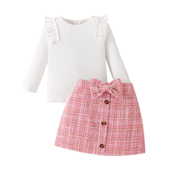 HPSOM Baby Kinder Mädchen Kleidung Set Ruffle Gerippt Langarm Top Fliege karierten Rock 2PCS Frühlin