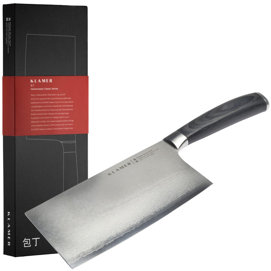 KLAMER Damast Hackmesser 16 cm – chinesisches Kochmesser aus 67 Lagen japanischem Damaszener Stahl (