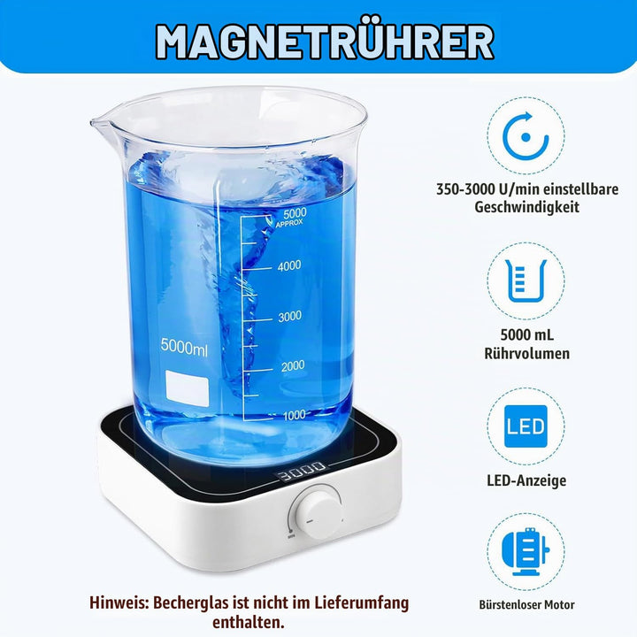 RECIPETTE Digital Magnetrührer 350-3000UpM 5L Labor Magnetrührer mit LED-Display mit 2 Rührfisch Mag