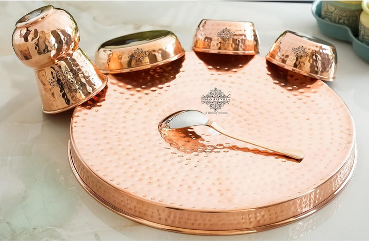 IndianArtVilla Thali/Dinner-Set, handgefertigt, reines Kupfer, 8 Stück