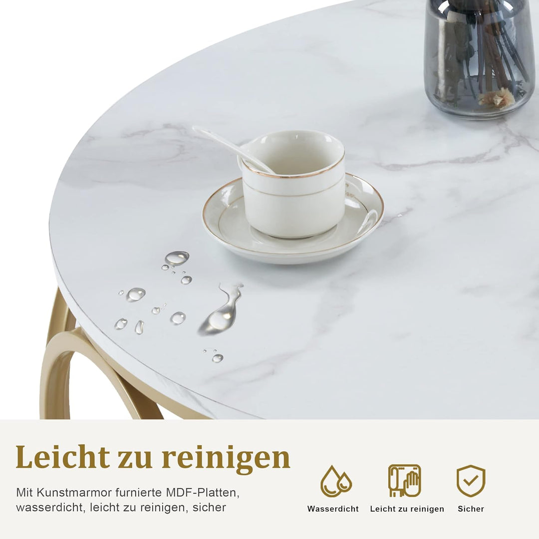 M MCombo Couchtisch Rund Holz, Modern Sofatisch Marmor Weiss Gold, Klein Kaffeetisch Metallgestell,