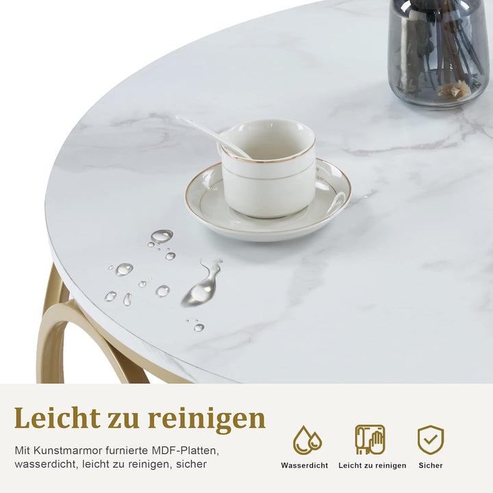 M MCombo Couchtisch Rund Holz, Modern Sofatisch Marmor Weiss Gold, Klein Kaffeetisch Metallgestell,