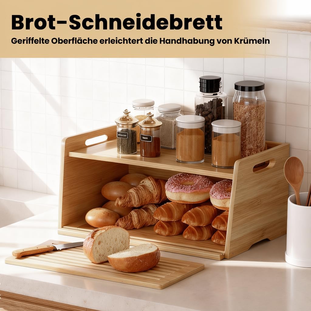 LEMIKKLE Bambus-Brotbox mit Schneidebrett – Brotaufbewahrungsbox, um die Frische der Lebensmittel zu