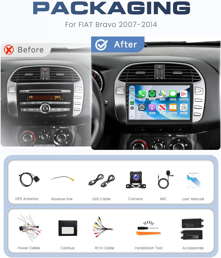 Rimoody 8 Core 6G+128G 9" Autoradio Android für FIAT Bravo 2007-2014 mit Carplay Wireless Android Au
