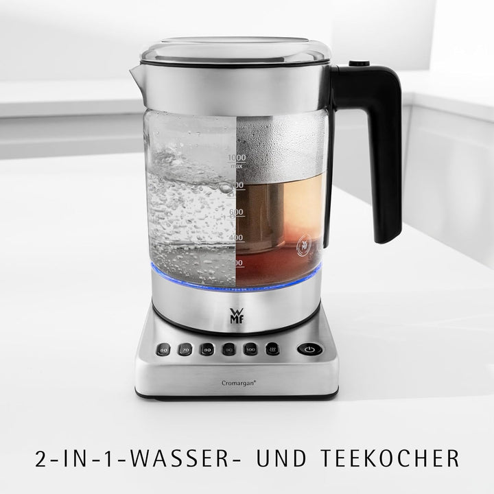 WMF Küchenminis 2 in 1 Vario Wasserkocher mit Temperatureinstellung, 1l, 1900 W, Teekocher Glas mit
