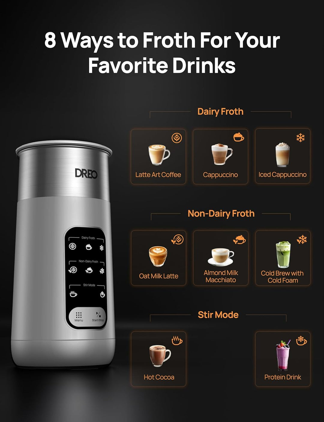 DREO Milchaufschäumer, 8-in-1 Milchschäumer Elektrisch für Latte, Cappuccino, heisse Schokolade mit