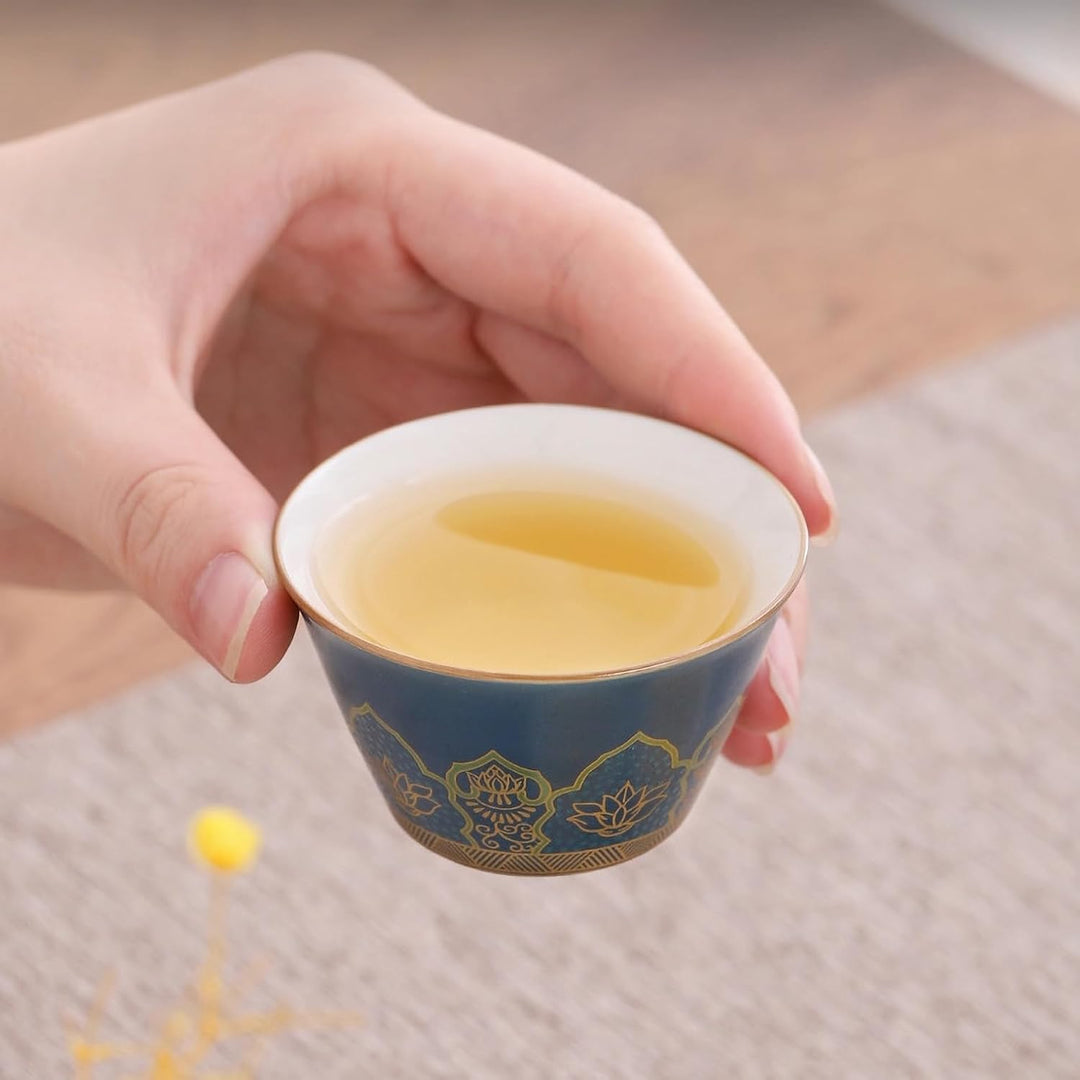 Teeservice aus Porzellan, Chinesischer Reise Tee Set mit 6 Keramik Tassen, Klein Teekanne mit Eingeb