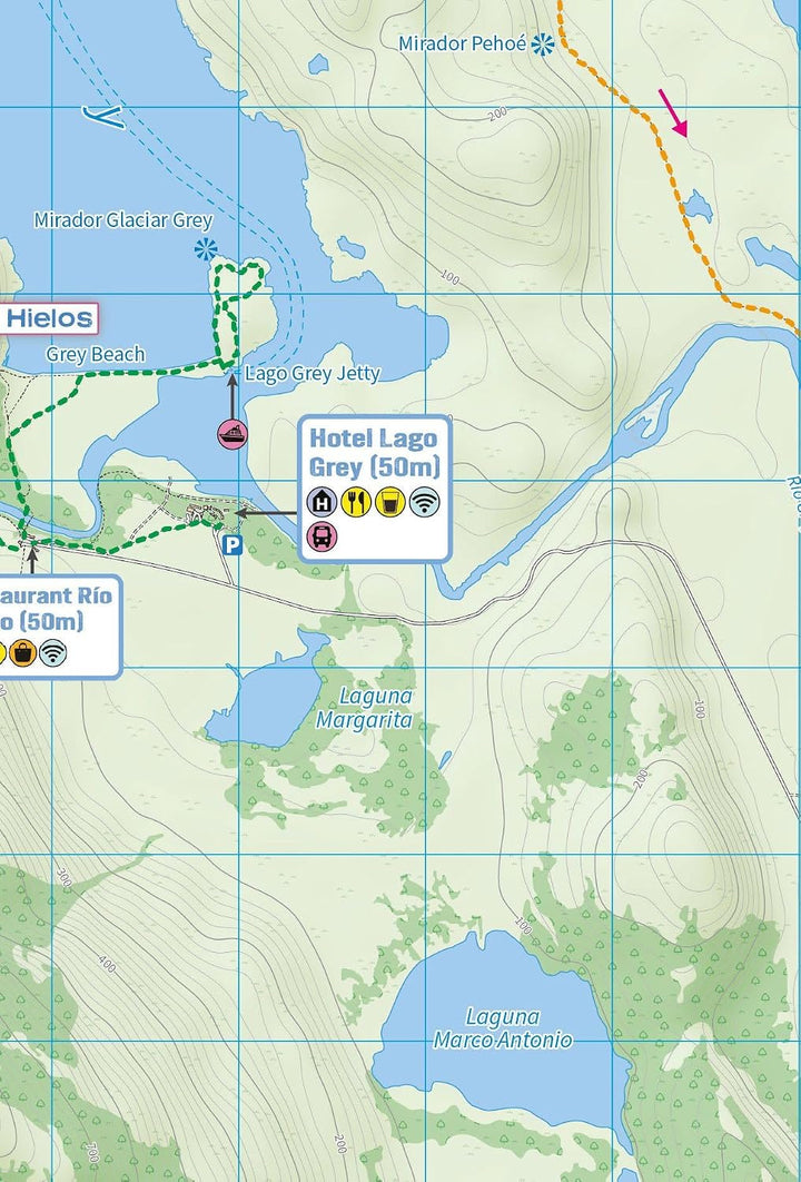 Torres del Paine: Trekking Map:: the O, the W, the Q and day-hikes, Karte