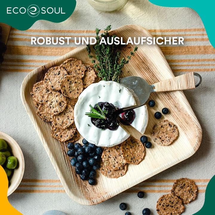 ECO SOUL 100% kompostierbare 25 cm, quadratische Palmblatt Teller [25 Stück] |Premium Palmblatt Gesc