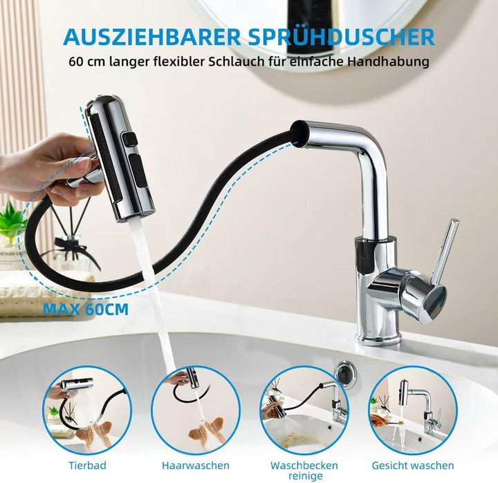 Wasserhahn Bad Mynaiad mit LED-Temperaturanzeige Badarmatur, Brause Ausziehbar, Badarmatur 360° Schw