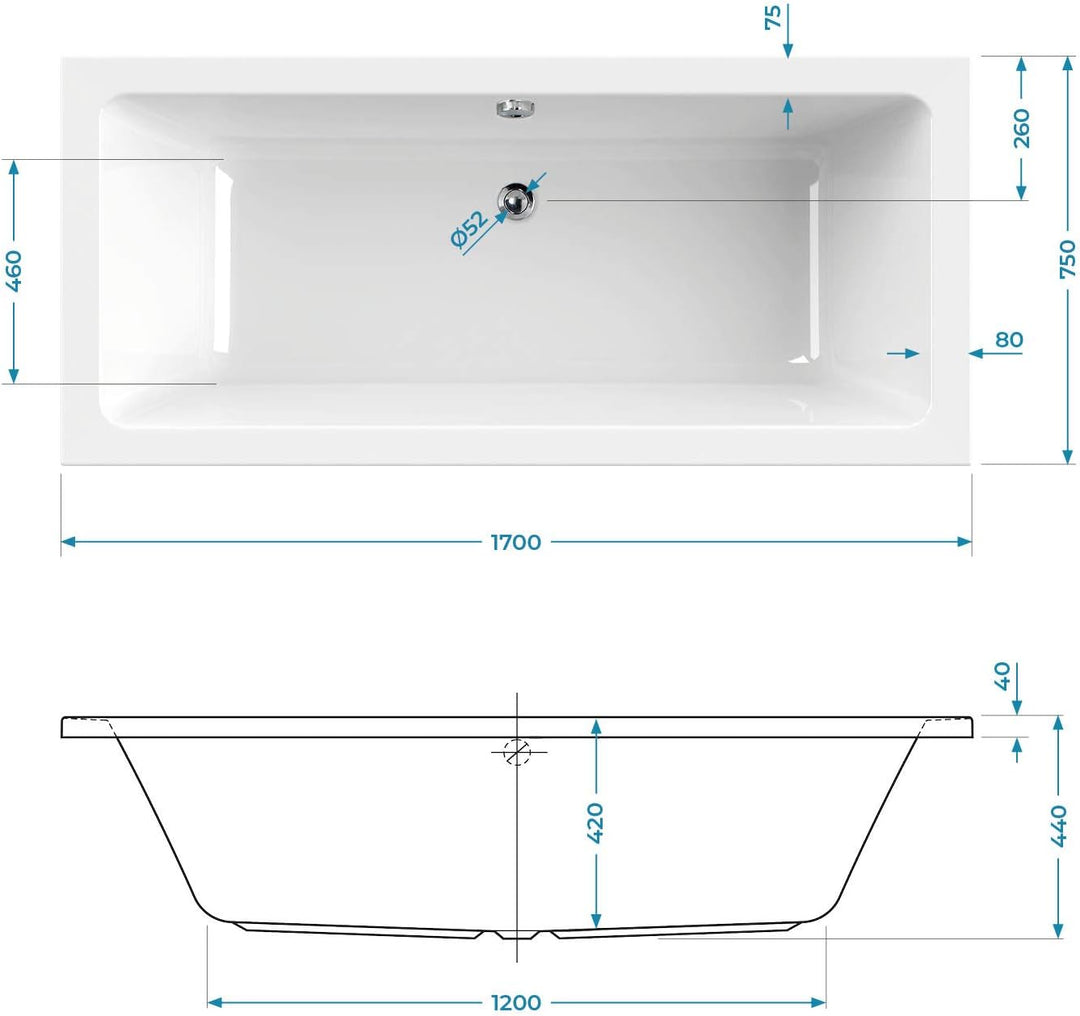Calmwaters® Rechteck-Badewanne 170x75 cm, Acrylwanne Modern Select, Duo-Badewanne für zwei Personen,