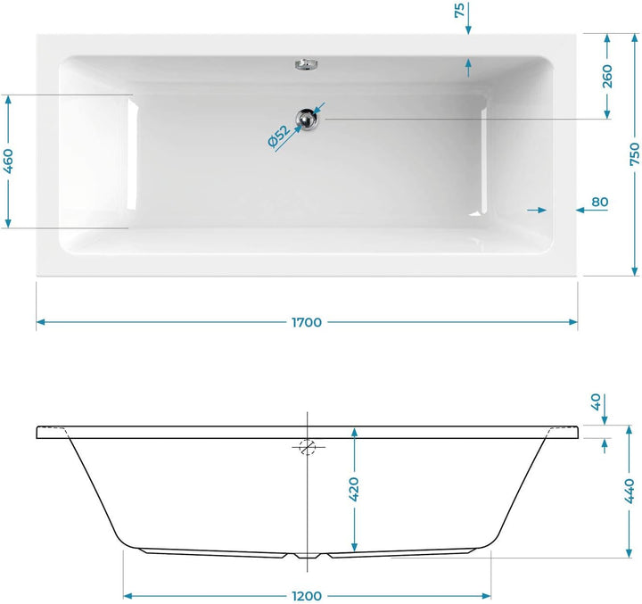 Calmwaters® Rechteck-Badewanne 170x75 cm, Acrylwanne Modern Select, Duo-Badewanne für zwei Personen,