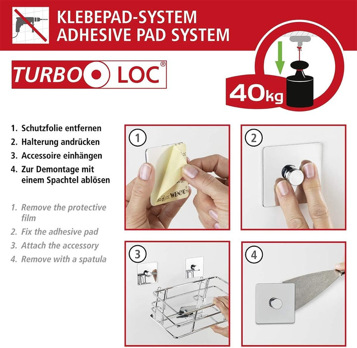 WENKO Turbo-Loc® Edelstahl Eckablage Quadro - Befestigen ohne bohren, Edelstahl rostfrei, 27.5 x 10