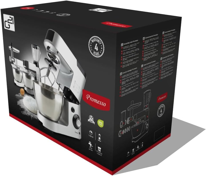G21 Küchenmaschine Promesso Braun, 1.500 Watt, 3 in 1 Küchenmaschine, Mixer, Fleischwolf, komplettes