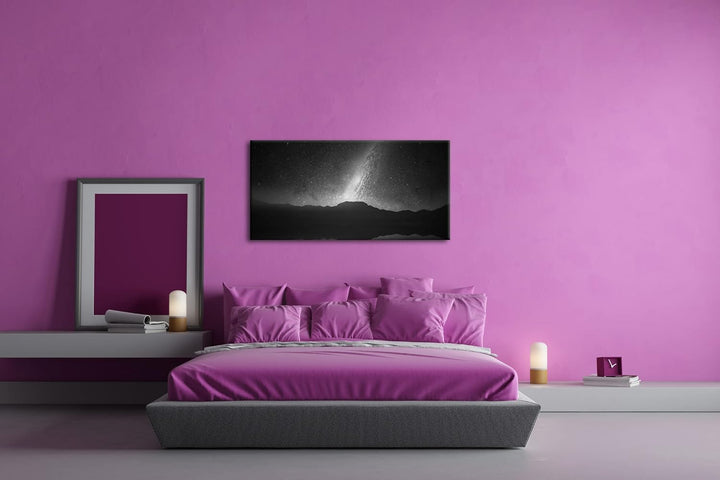 Erhellter Nachthimmel Panorama 120x60 cm Effekt: Schwarz/Weiss als Leinwandbild, Motiv fertig gerahm