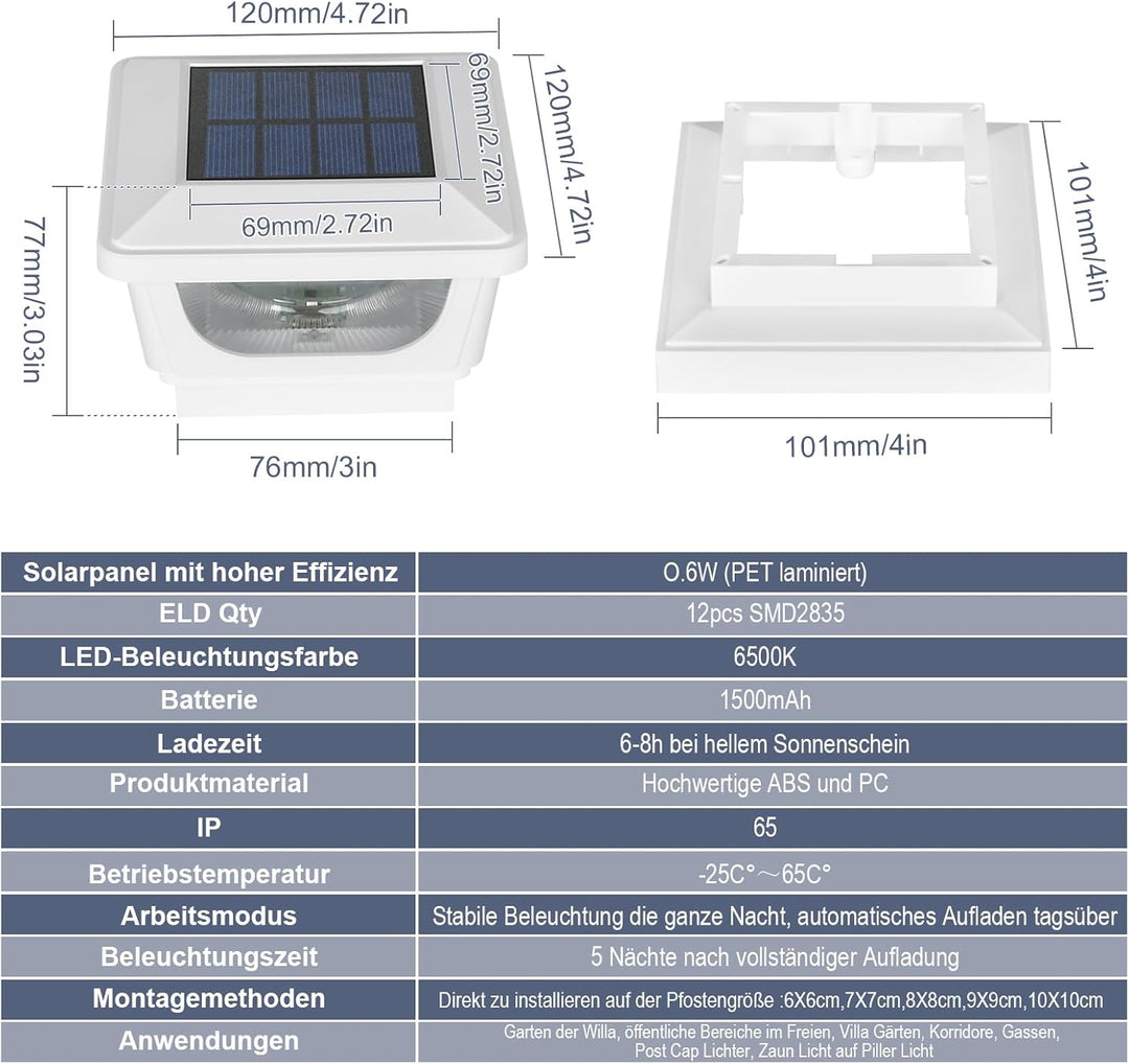 2pcs Pfostenkappe Solar 7x7 8x8 9x9 10x10, Solar Zaunpfosten Leuchte Solar Post Cap Light Solar Pfos