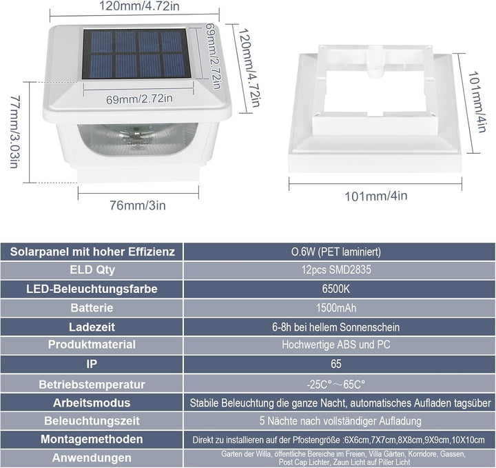 2pcs Pfostenkappe Solar 7x7 8x8 9x9 10x10, Solar Zaunpfosten Leuchte Solar Post Cap Light Solar Pfos
