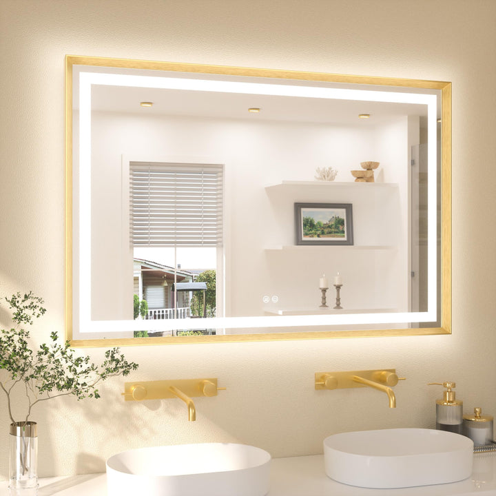 TETOTE Badspiegel mit Beleuchtung Gold Metallrahmen 120x80cm, Badezimmerspiegel Beleuchtet Beschlagf