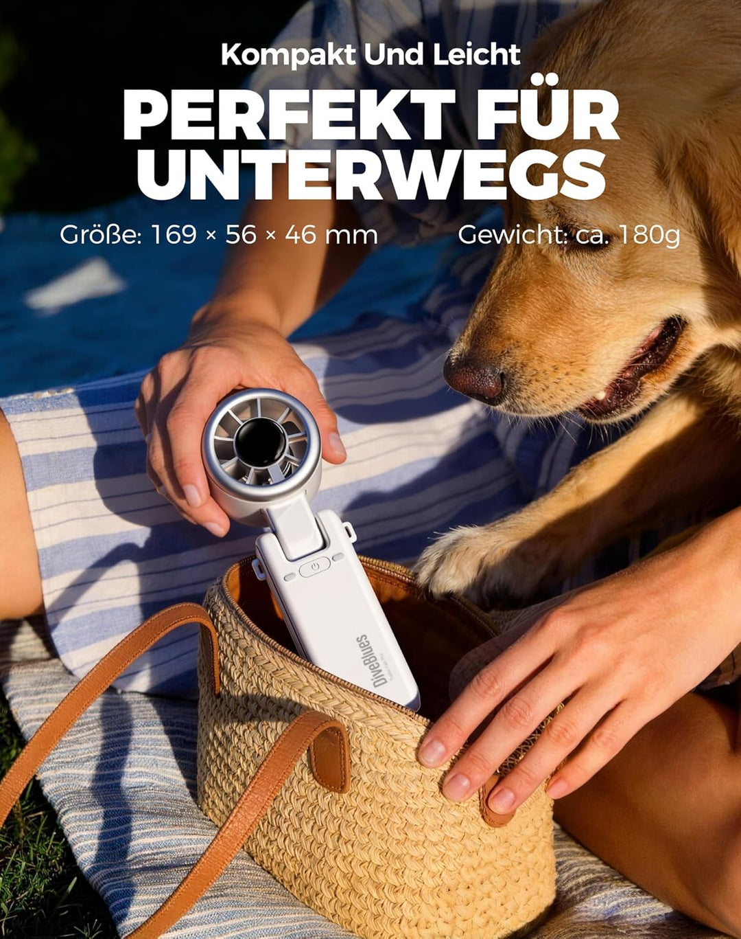 Diveblues Tragbarer Turbo Handventilator, 9m/s Hohe Geschwindigkeit, 5-stufiger Wind, wiederaufladba